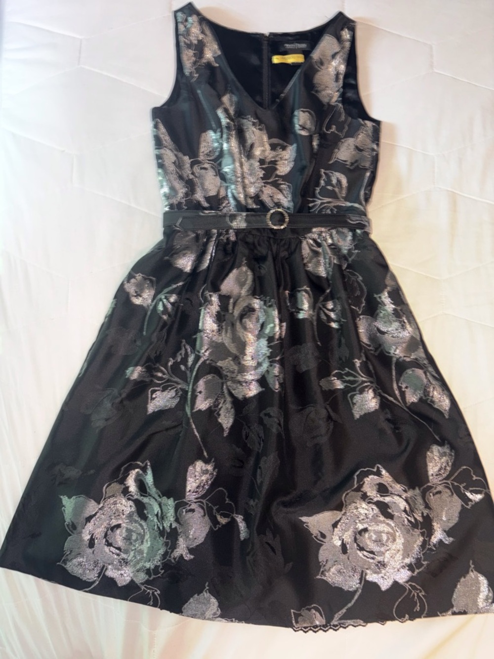 White House Black Market Black Dress with Silver Floral Metallic Accents